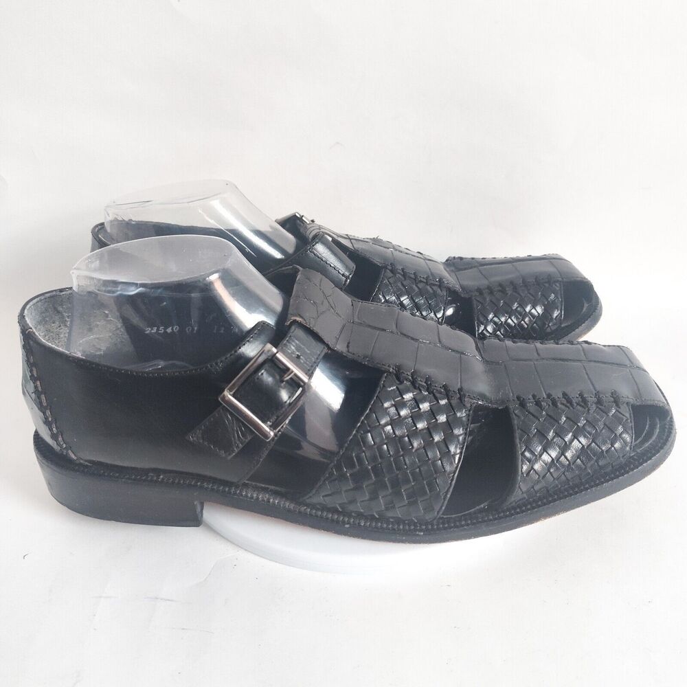 Stacy Adams Black Woven Leather Fisherman Sandals Size 12 Huarache Silver Buckle